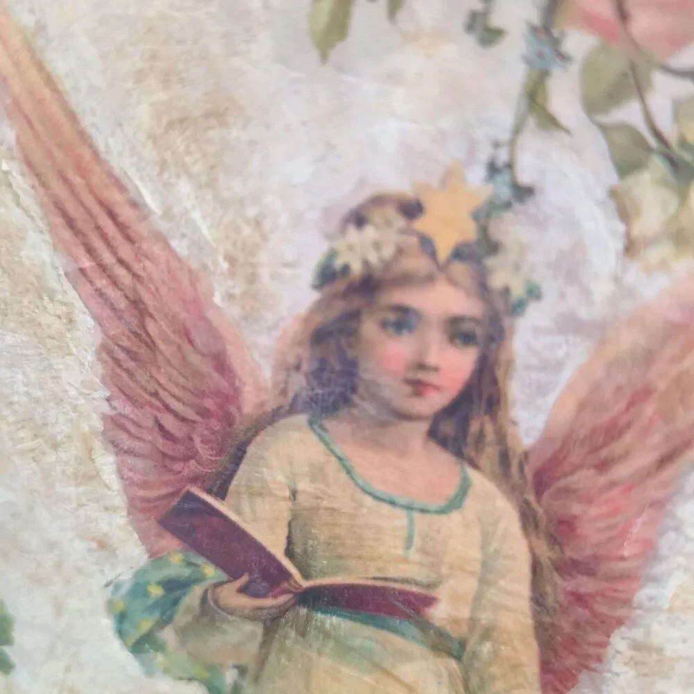 Upcycled 15 Inch Round Metal Tray with Vintage Angel & Floral Decoupage